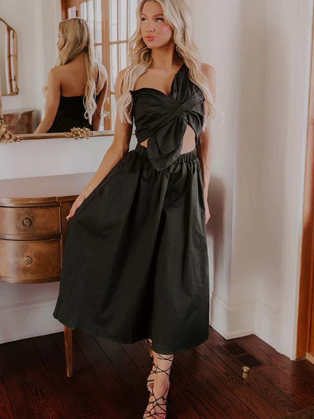 Strut & Bolt Black cut out & one shoulder Midi Dress w/ pleated bow- Women's L